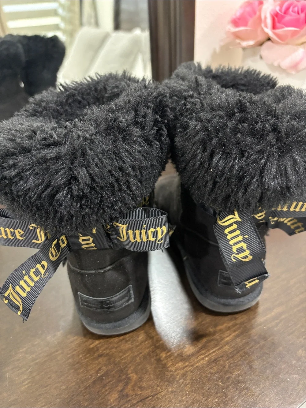 Juicy Couture girls Black Faux-Fur Cuffed Ankle Boots size 13